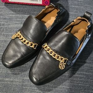 Tory Burch Black Loafers with Gold Chain Accent